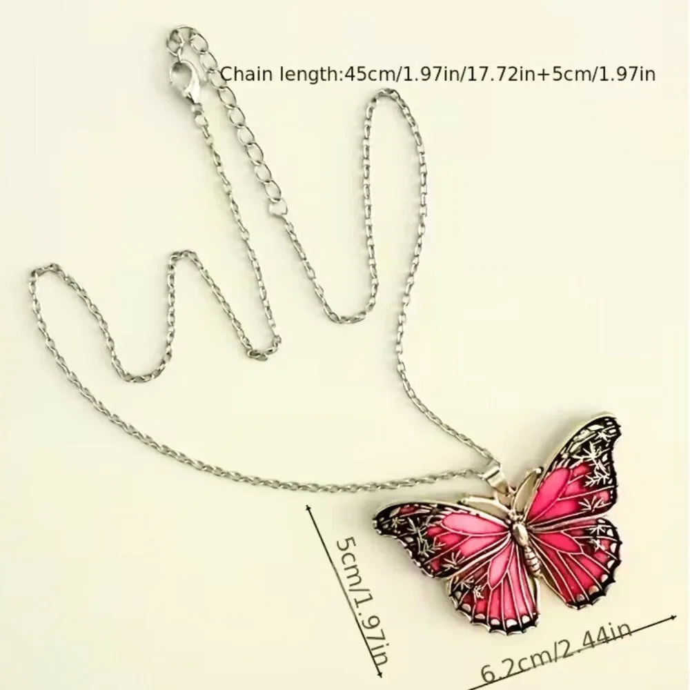 Mint Glow Butterfly Necklace Light Green Enamel Sparkling Oil Drop Silver Finish